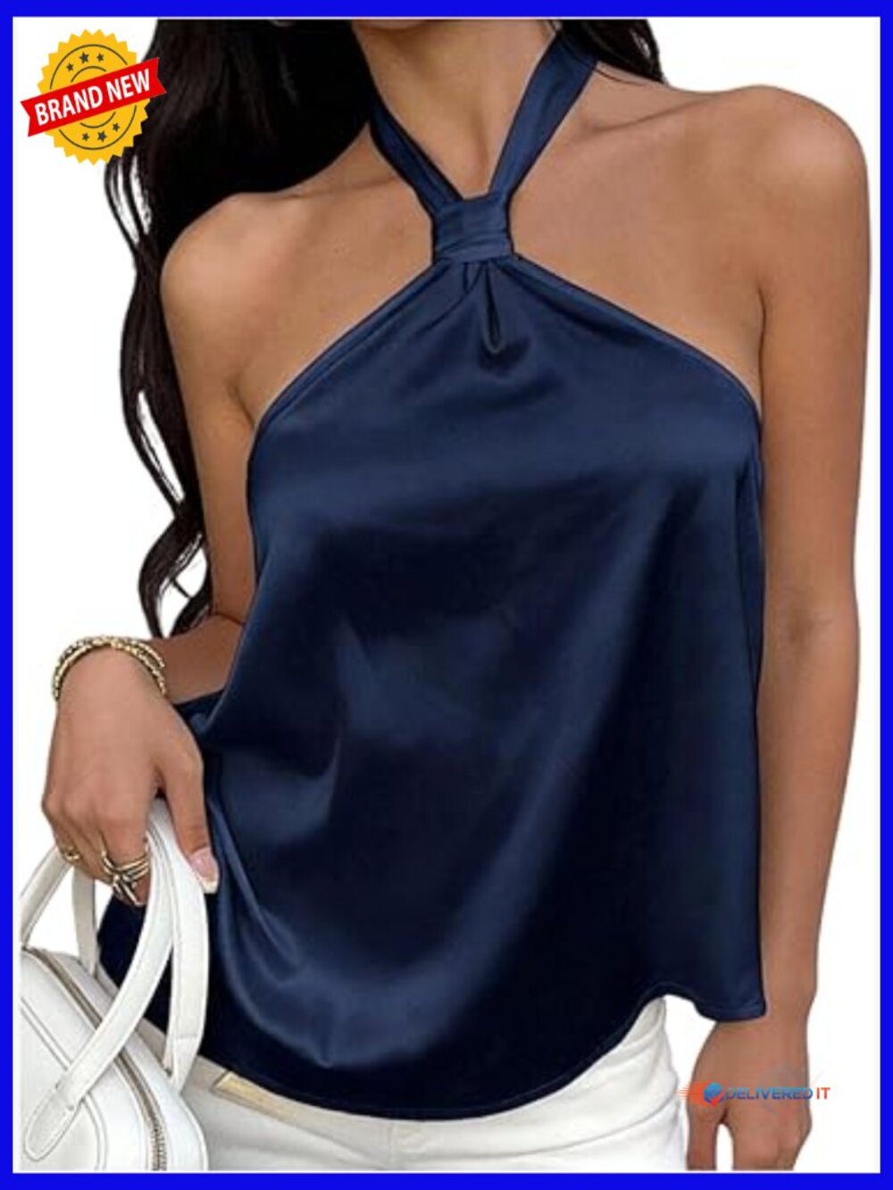 Silk Satin Halter Top Sleeveless Tie Back Knot Front Going Out Top